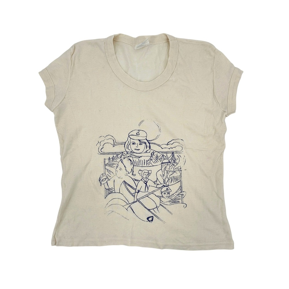 Vintage Graphic T Shirt Cream Cotton Camp Scouting Canoe Illustration L *READ*
